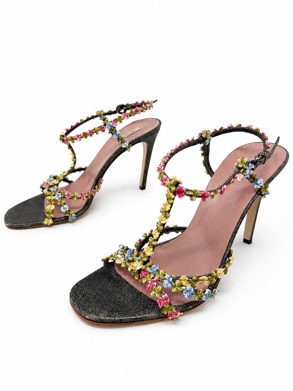 Miu Miu Floral T-Strap Sandal Heels Womens Size EU 38